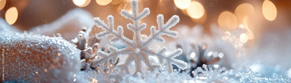 Poster A stunning snowflake resting on a blanket of sparkling snow, with warm lights creating a magical winter atmosphere.