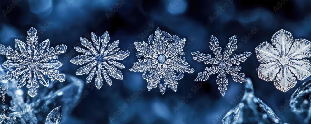 Poster A stunning close-up collection of unique snowflakes showcasing intricate patterns and crystal formations against a blue background.