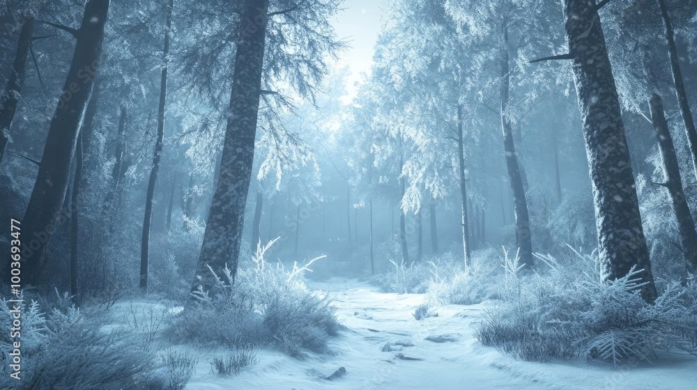 Poster a serene winter forest scene, covered in snow, featuring towering trees and a tranquil path through 