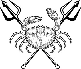 Crab and two crossed tridents. Design element for emblem, sign, badge, poster. Vector illustration