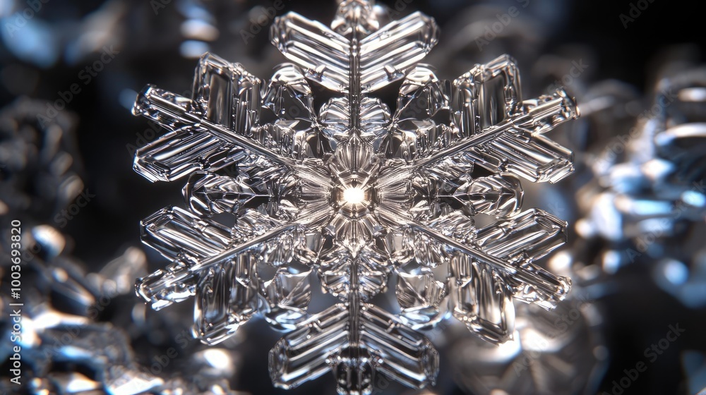 Poster A stunning close-up of a crystalline snowflake showcasing intricate patterns and sparkling details, highlighting winter's beauty.