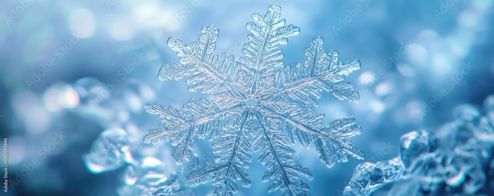 Poster close-up of an intricate snowflake, highlighting its unique structure and delicate ice crystals agai