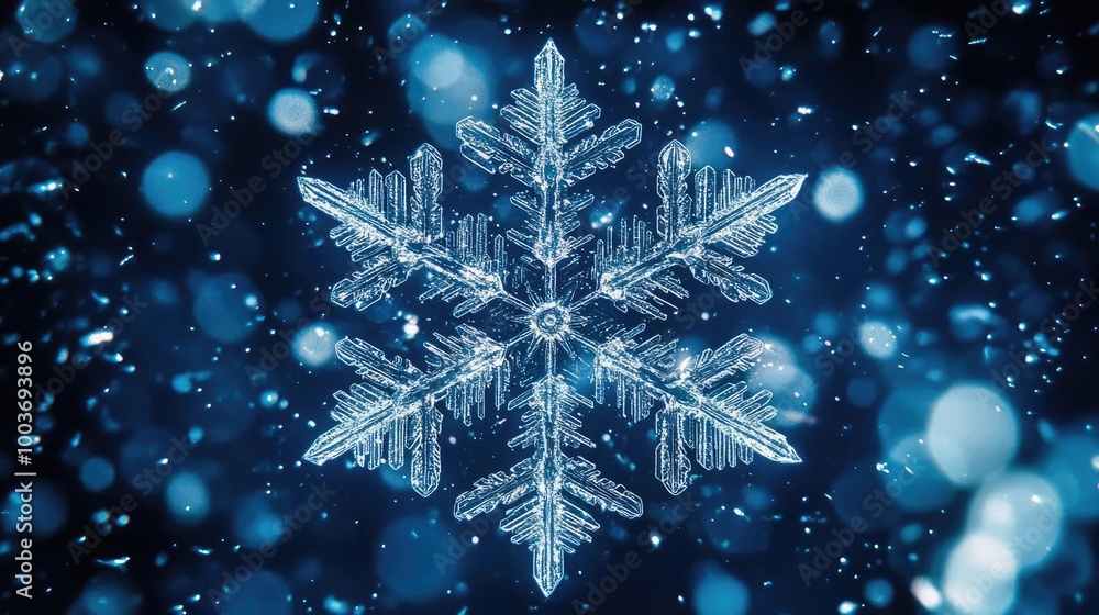 Aufkleber a stunning snowflake design with intricate patterns, surrounded by a dreamy blue bokeh background fo