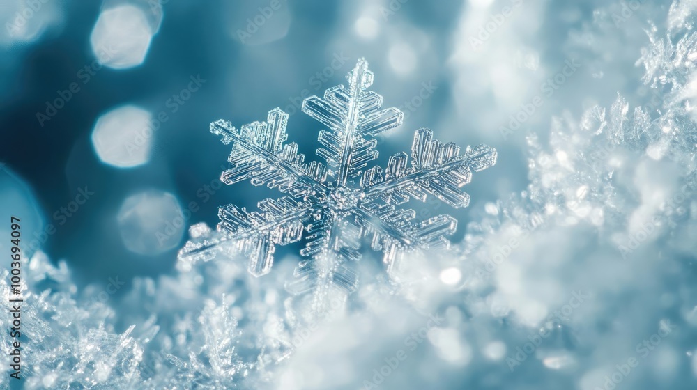 Aufkleber a close-up of a beautiful, intricate snowflake resting on soft, sparkling snow, capturing the essenc