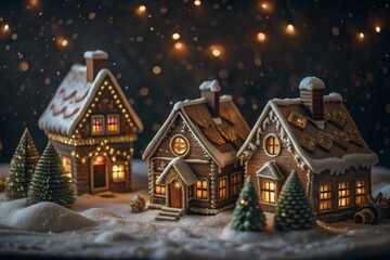 The concept of a home celebration of Christmas or New Year 2025, family traditions. Gingerbread houses with glaze with atmospheric lighting.