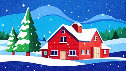 Christmas red house surrounded by snow covered trees and mountains, creating a serene winter landscape and holiday spirit.