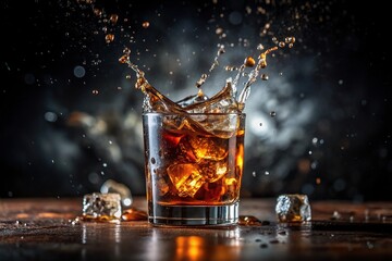 Whiskey with coke and ice in a glass splashing drops