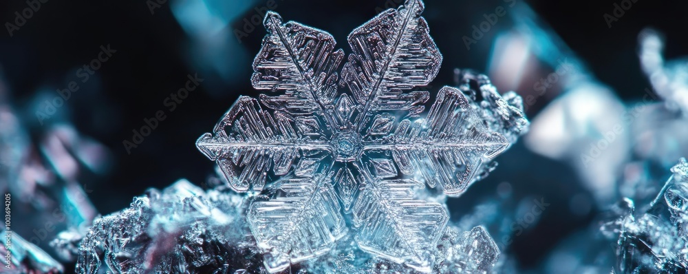 Poster a close-up of a delicate snowflake resting on icy crystals, showcasing intricate details and frosty 