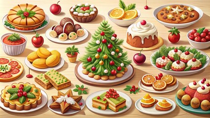 Christmas festive desserts and treats on wooden table, featuring cakes, cookies, and pastries decorated for the holiday season.