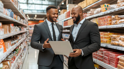 Two professionals engaged in a discussion while reviewing information on a laptop in a grocery aisle, showcasing teamwork and collaboration in a modern retail setting.