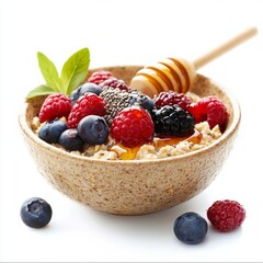 A bowl of healthy oatmeal topped with fresh berries and honey. A vibrant breakfast option. Perfect for a nutritious start to the day. Enjoy this colorful blend of flavors. AI