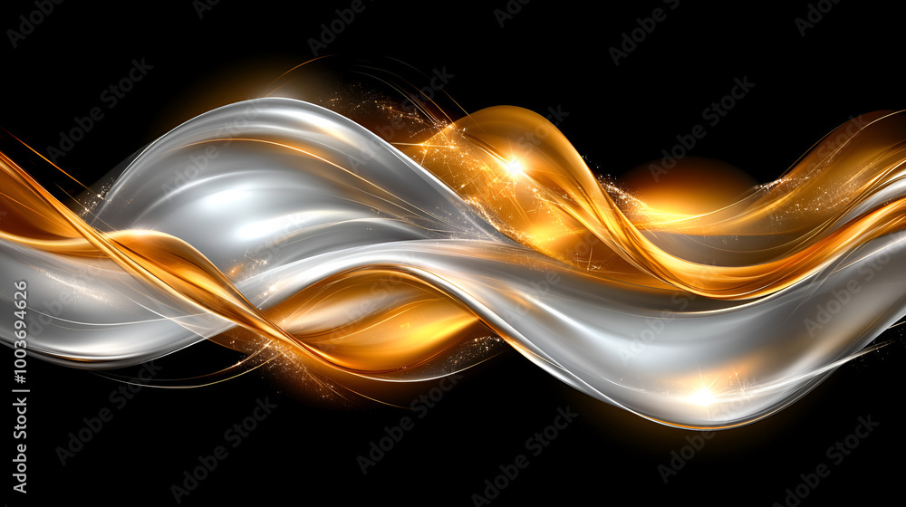 Poster elegant silver and gold flowing waves on a black background create a stunning visual effect, perfect