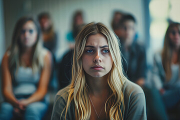 Photo of a depressed female looking down during a worker versus client session seeking help and healthcare, Generative AI