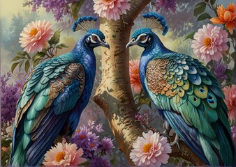 Obraz premium illustration of peacocks among flowers