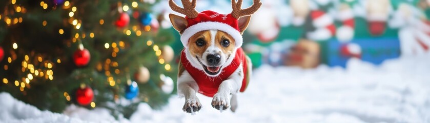 A joyful Jack Russell wearing a Santa hat, leaping through snow near a decorated Christmas tree, capturing the festive spirit, dog in christmas costume