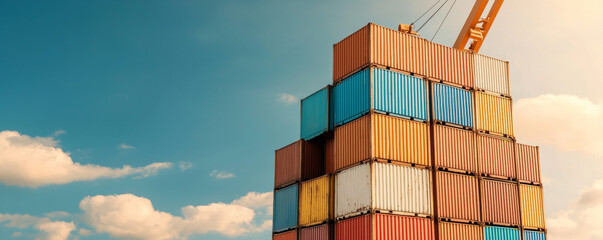 Fototapeta premium A vibrant display of stacked shipping containers under a clear blue sky, showcasing the essence of modern industrial transport and logistics.
