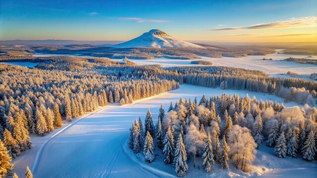 outdoor, snowy landscape, tourism, winter adventure, Aerial, nature, Aerial view of a winter landscape in Sortavala Republic of Karelia featuring Mount Paaso covered in snow