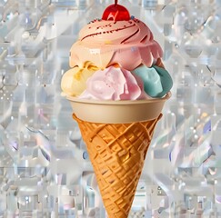 Ice cream scoop on waffle cone on transparent background cutout, PNG file. Many assorted different flavour Mockup template for artwork design.