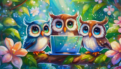 Naklejka premium oil painting style cartoon character illustration Owls gathered around a laptop,