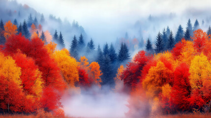 Colourful autumn forest landscape with powerful trees