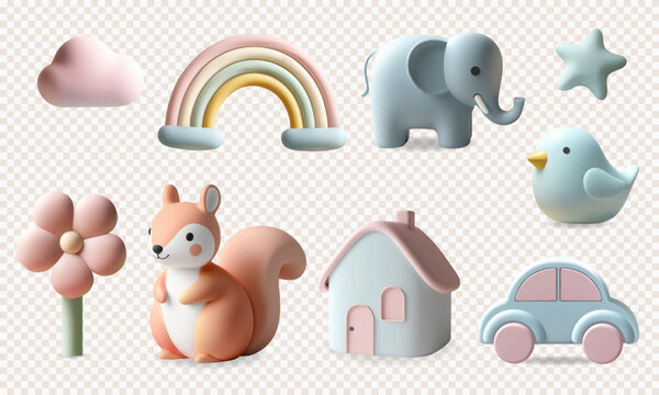 3d kids toys and nursery elements. 3d render set with cute elephant, squirrel, rainbow, car in pastel colors