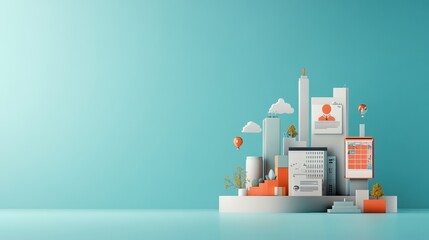 Obraz premium Modern business cityscape with colorful buildings on a teal background.