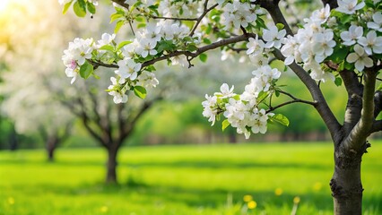White apple tree flowers on a green block background with shallow Depth of Field