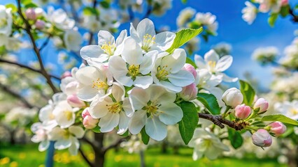 Obraz premium White apple tree flowers on a green grass background