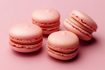Obraz premium Pink French macarons on pink background. Sweet, tasty pastries in studio shot. Top view of confectionery dessert. Pastel colors, copy space for text. Delicious, sweet treats in bakery style.