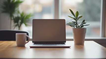 Fototapeta premium Modern workspace with laptop, cup, and potted plant on wooden table.