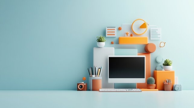 Modern workspace with computer, plants, and office supplies on blue background.