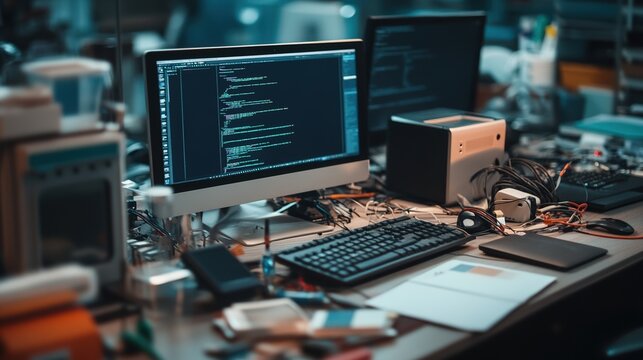 Modern workspace with computer, coding screen, and various tech devices.