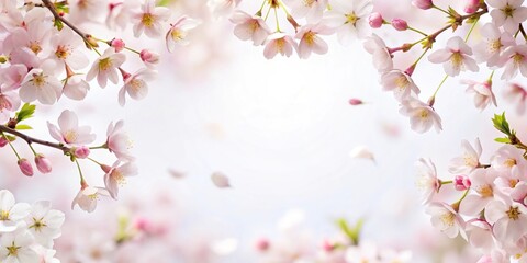 Fototapeta premium White backdrop featuring cherry blossom petals and flowers worm's eye view