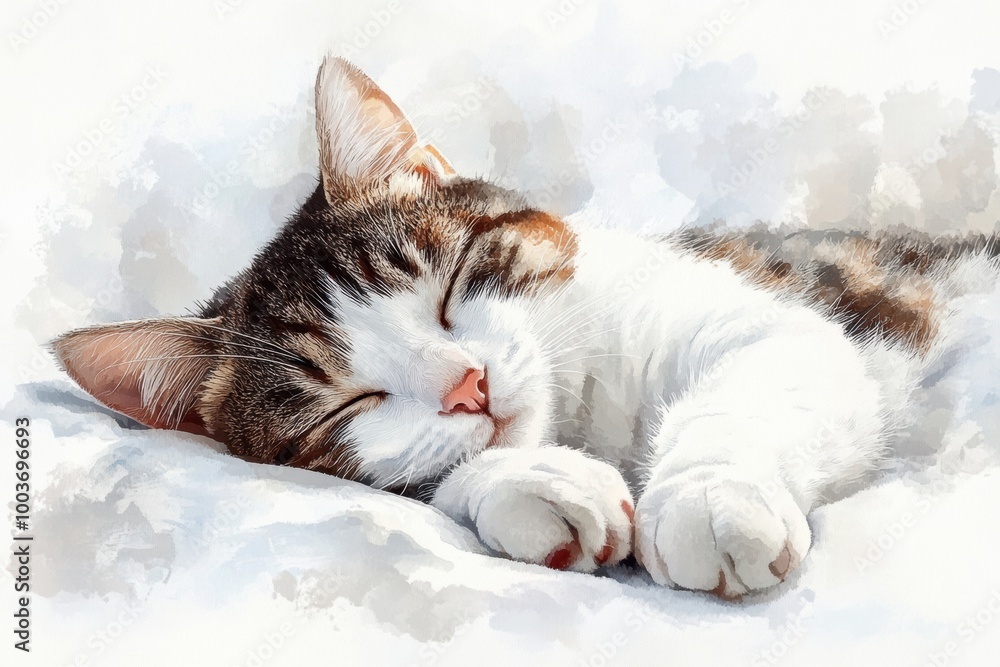 Poster a cozy cat peacefully sleeping on a soft bedspread against a white background, enjoying a moment of 