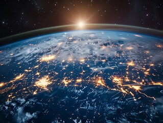 Obraz premium Panoramic view on planet Earth globe from space. Glowing city lights, light clouds. - ai