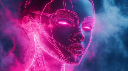 Naklejka premium Female cyborg face with pink neon lines on foggy background, futuristic robotic art, 3d render. 