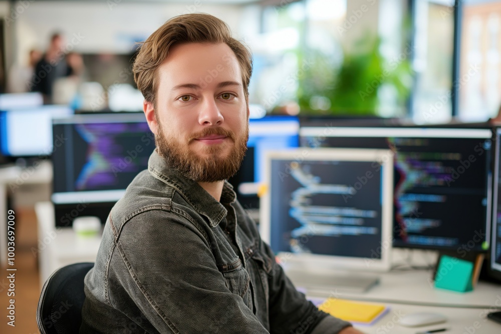 Poster male programmer works on laptop in modern office. young caucasian man sits at desk, focuses on compu