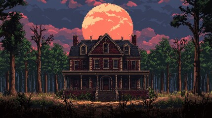 Obraz premium Eerie Vintage House Surrounded by Forests at Sunset