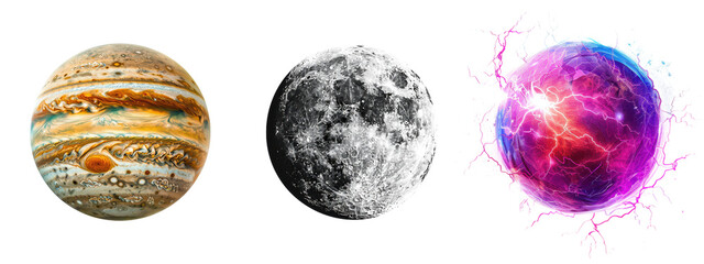 Set of planets including Jupiter, the moon, and a glowing orb, isolated on transparent background
