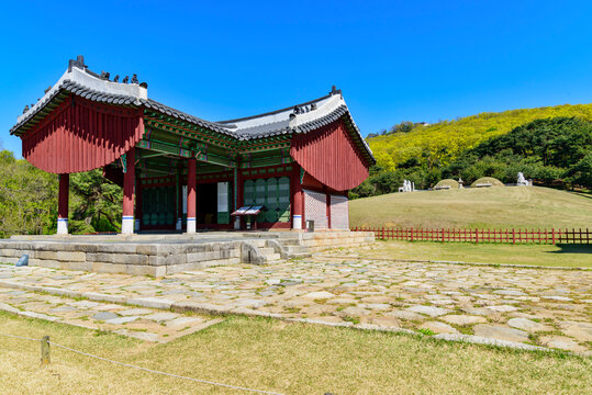 Jangneung Royal Tomb, Gimpo-si, Gyeonggi-do, South Korea - April 26, 2020: Jeongjagag, T-shaped house for sacrifice before a royal tomb
