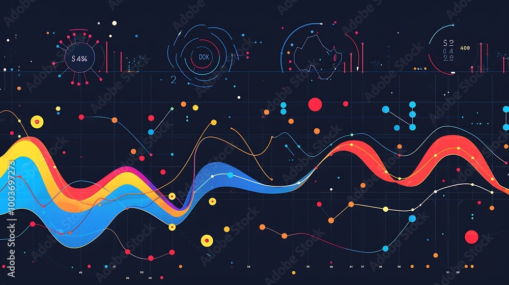 Poster abstract data visualization with colorful charts and graphs on a dark background, representing digit