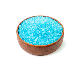 Blue Salt Crystals in Bowl Isolated, Bath Salt for Spa Relax, Cupric Sulfate or Copper Sulfate, Swimming Pool