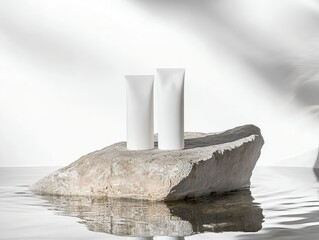 Two minimalist, modern face wash containers designed with natural light casting soft shadows on a flat rock surface surrounded by water