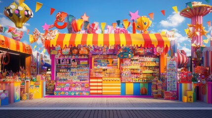 Naklejka premium 3D effect of a carnival souvenir stand with an array of colorful trinkets, happy shoppers,