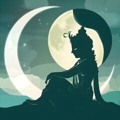 Silhouette of lord Krishna with moon 