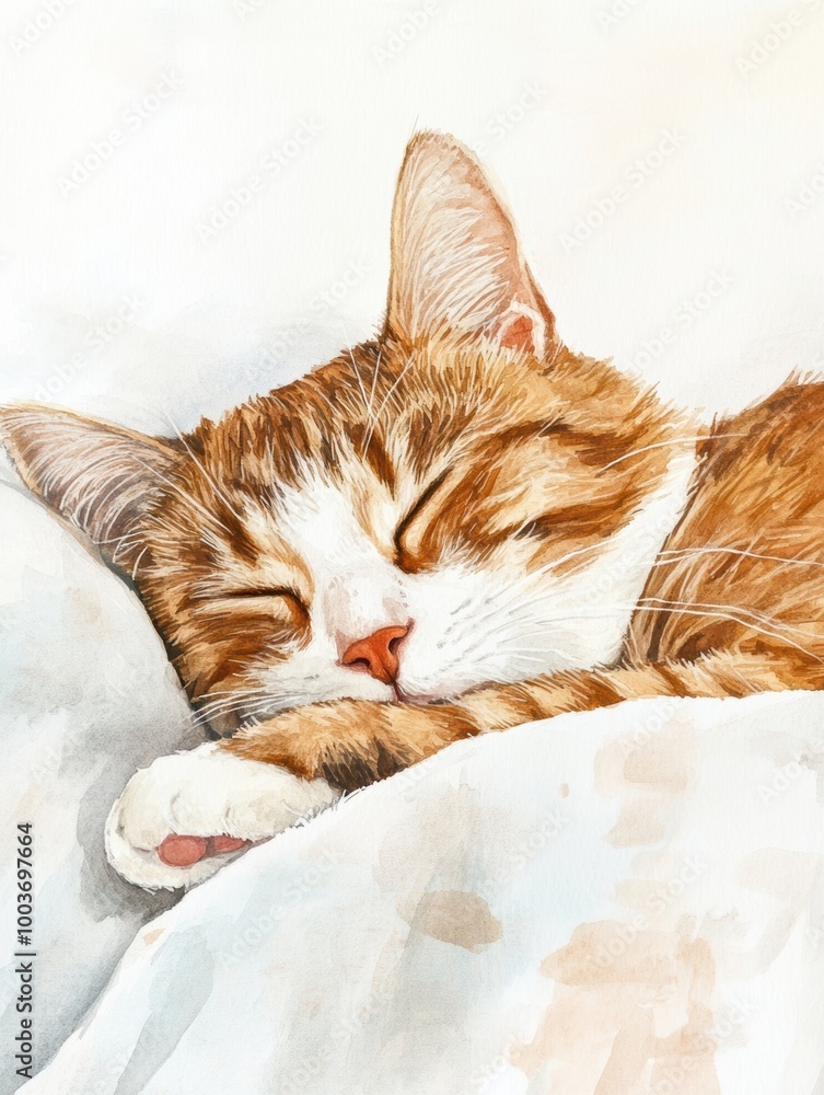 Poster a peaceful sleeping cat rests comfortably on a soft bedspread with a serene white backdrop in a cozy