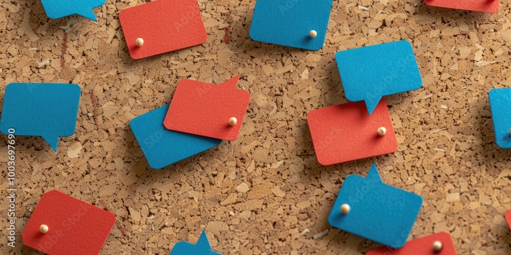 Poster close-up of empty red and blue speech bubbles attached to a bulletin board.