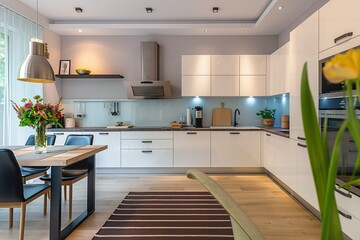 Fototapeta premium Modern kitchen interior with comfortable furniture, stylish decor. Blue, white colors dominate space. High-quality appliances, kitchen utensils on display. Shiny countertops, large refrigerator add