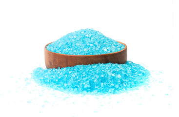 Blue Salt Crystals in Wood Bowl Isolated, Bath Salt for Spa Relax, Cupric Sulfate or Copper Sulfate