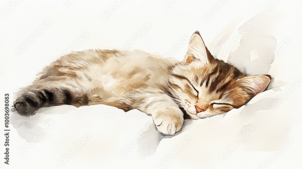 Poster a cozy cat curled up and sleeping peacefully on a soft bedspread against a white background during a